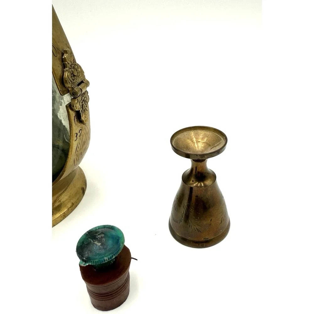 Brass Encased Glass Decanter With Shot Glass Lid Non King Vintage